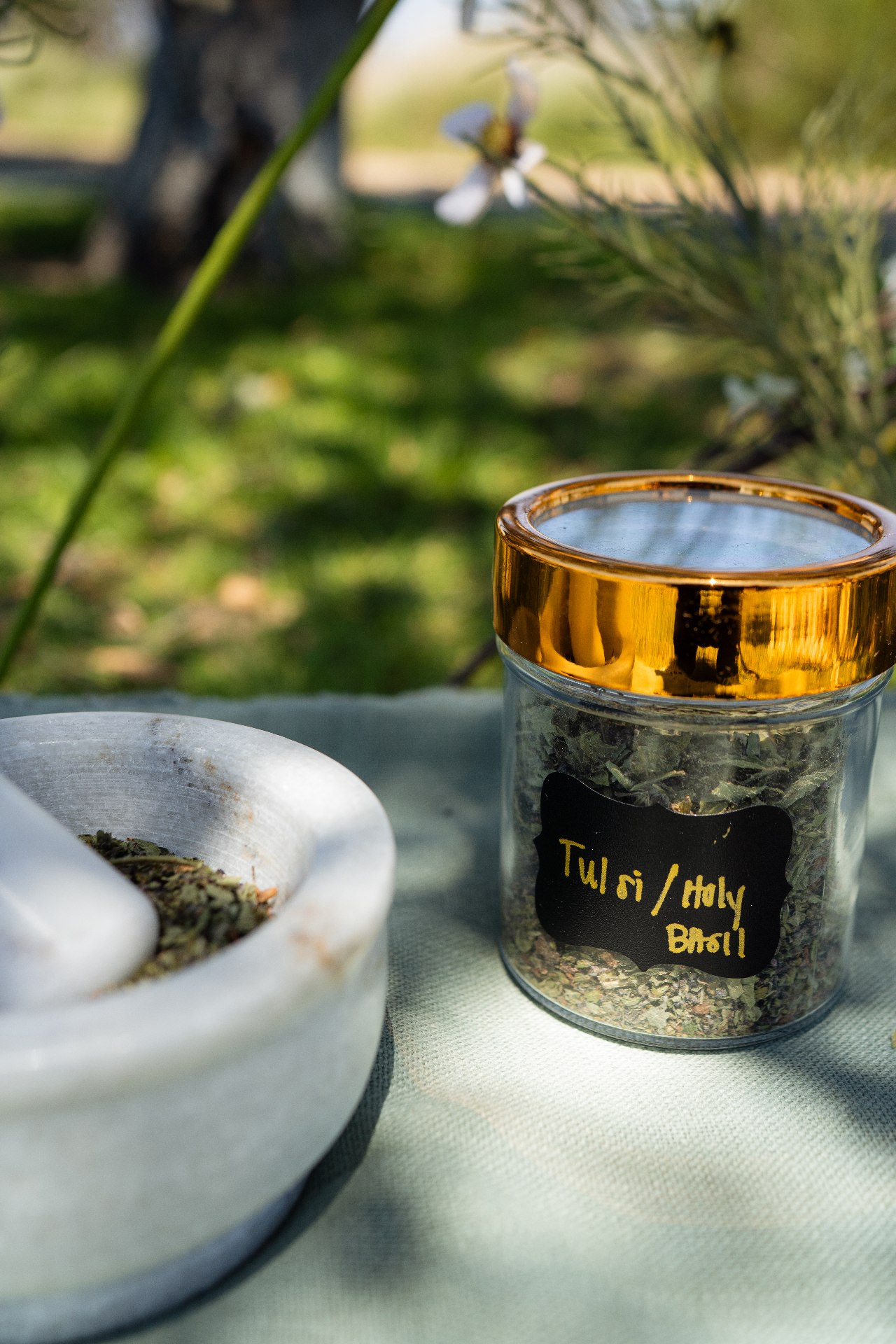 Still Leaf Tulsi Holy Basil herbal tea jar with mortar and pestle