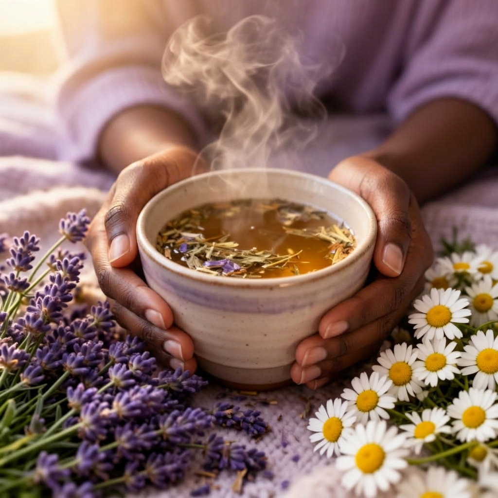 Hands holding a warm cup of herbal tea with lavender